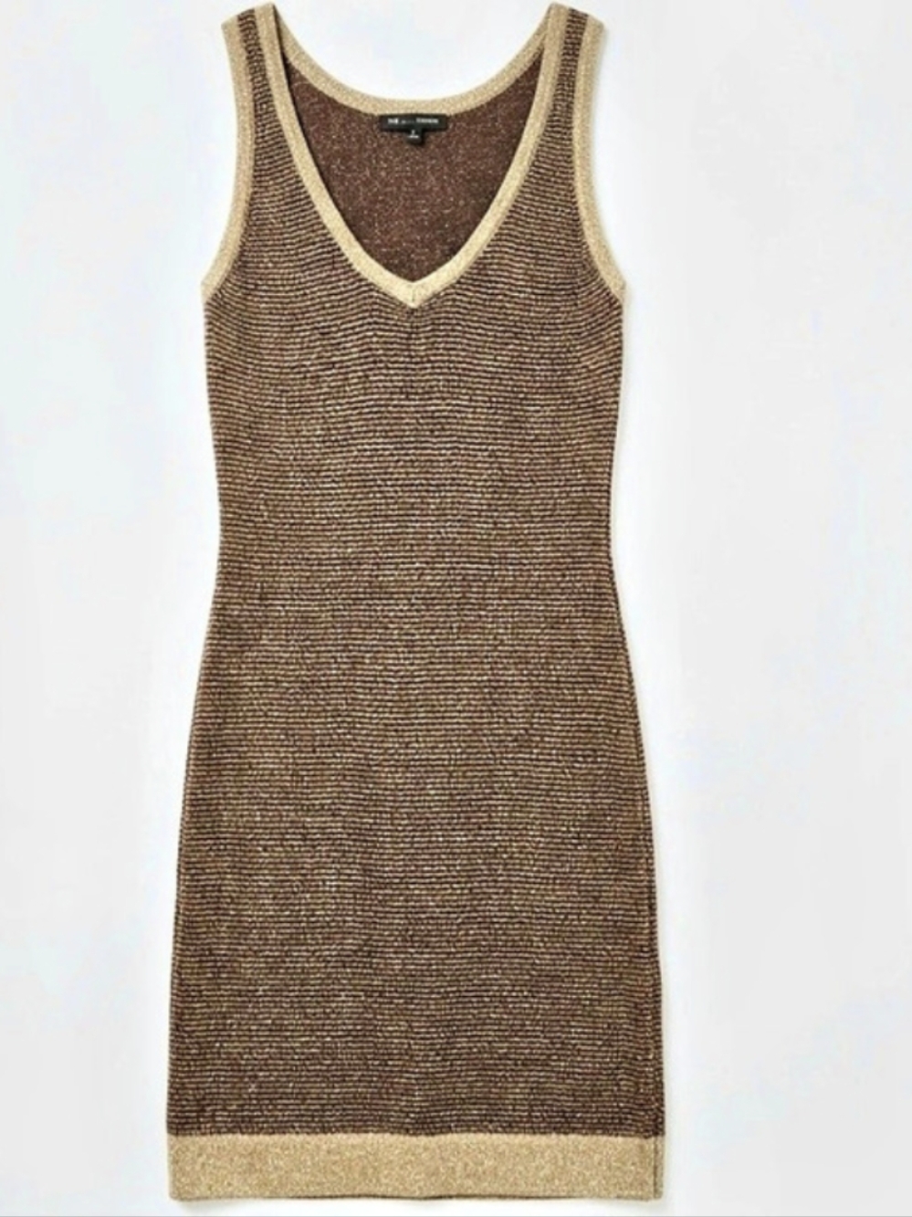 The Limited Metallic Gold Browm Ribbed Knit V-Neck Dress XS, 33" Long